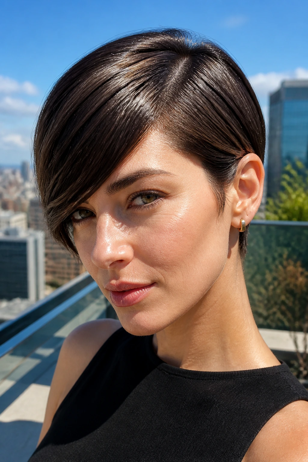 Close-up of a real woman with Ear-Tucked Crop and Mirror Finish, sharp shine along the tucked edge.