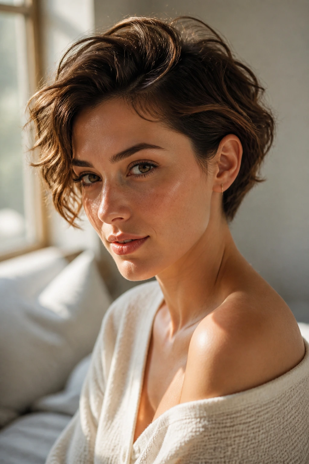 Close-up of a woman with an ear-tucked crop and voluminous crown in warm daylight