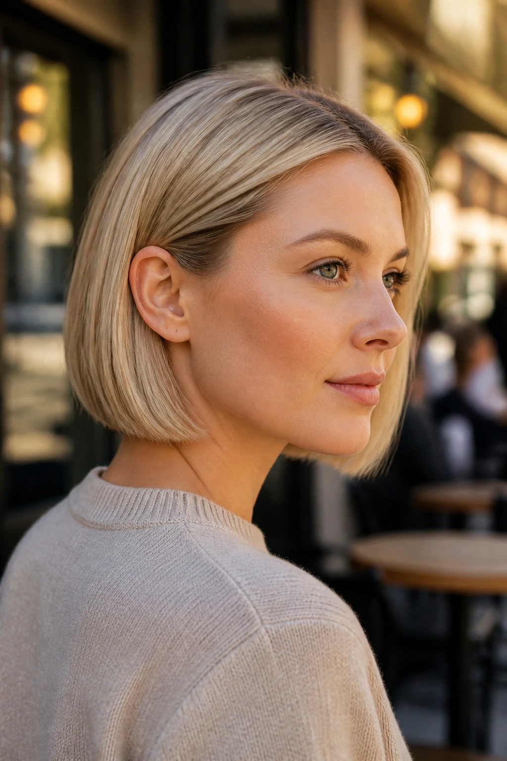 Close-up of ear-tucked bob with subtle graduation in champagne beige tones