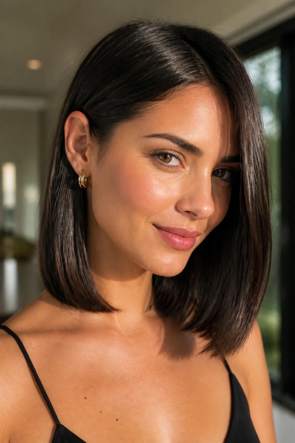 Close-up of a real woman with an ear-tucked sleek lob and shiny straight hair