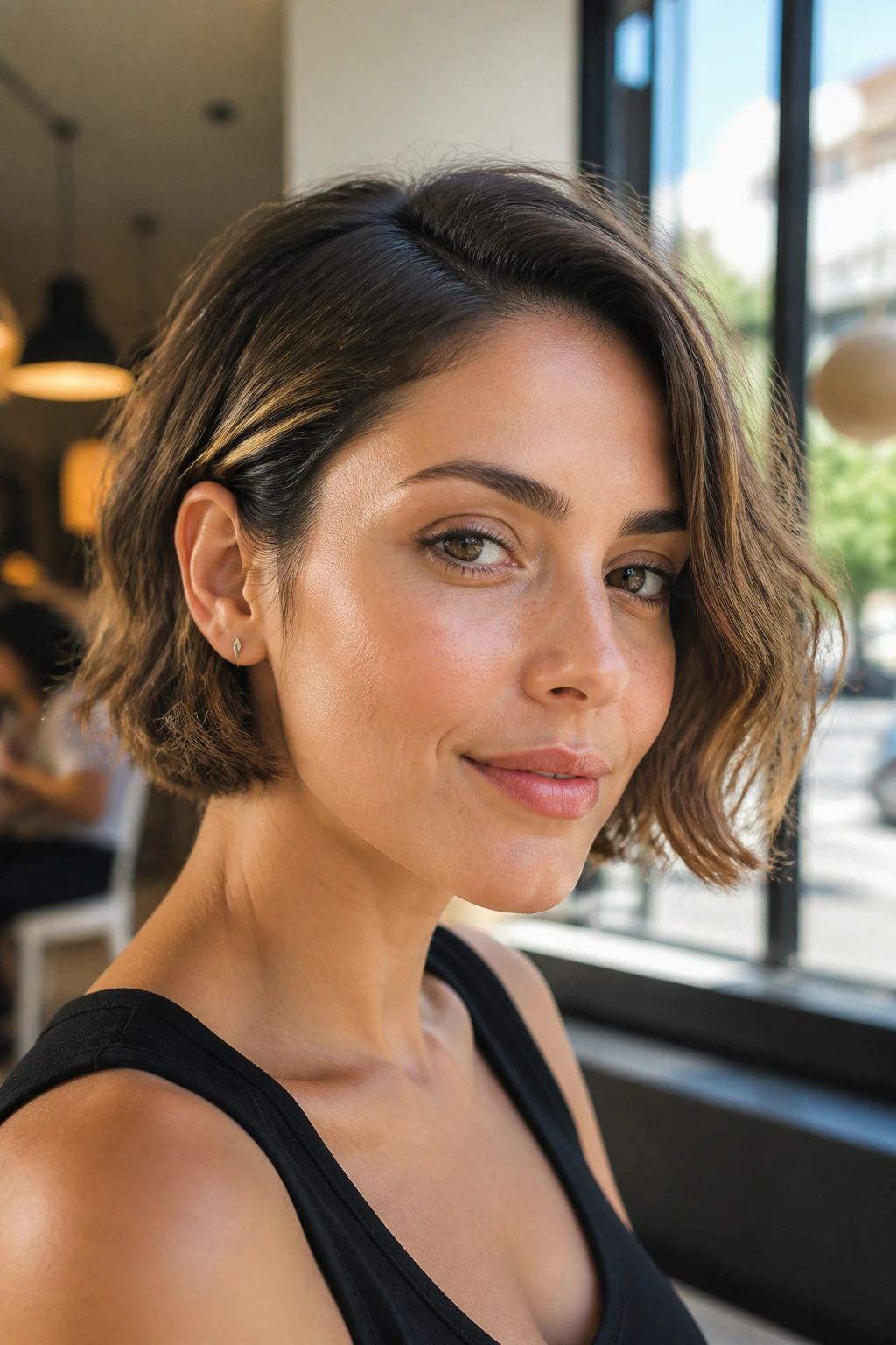 Close-up portrait of a real woman with a micro bob tucked behind the ear, soft waves framing the face.