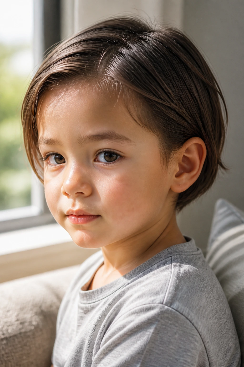 Close-up of a toddler boy with an ear-tucked narrow bob in a sunlit room.