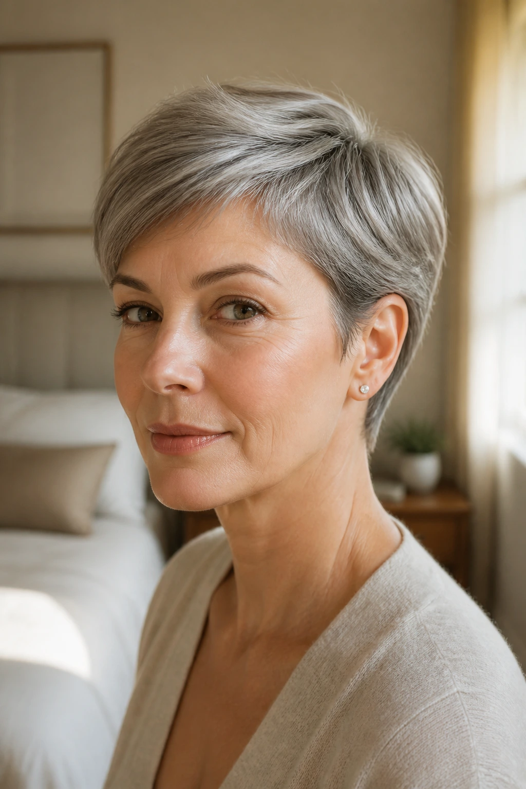 Close-up of a real woman with an ear-tucked elegant pixie hairstyle