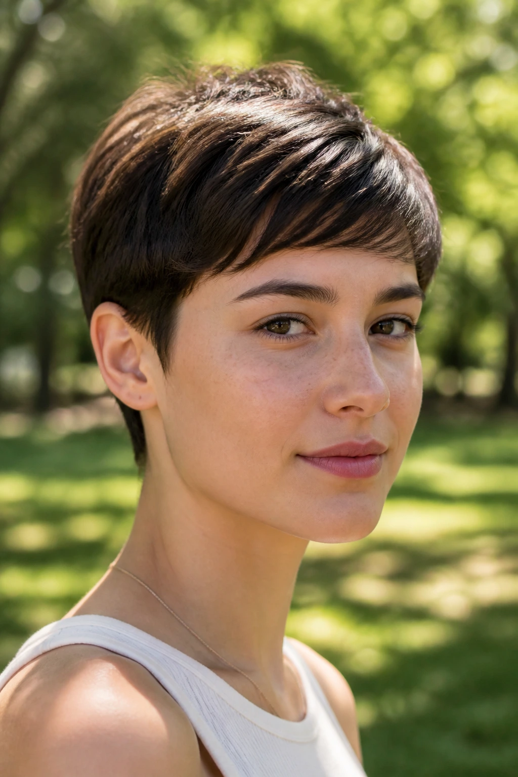 Close-up of a young woman with an ear-tucked boyish pixie hairstyle in bright outdoor light