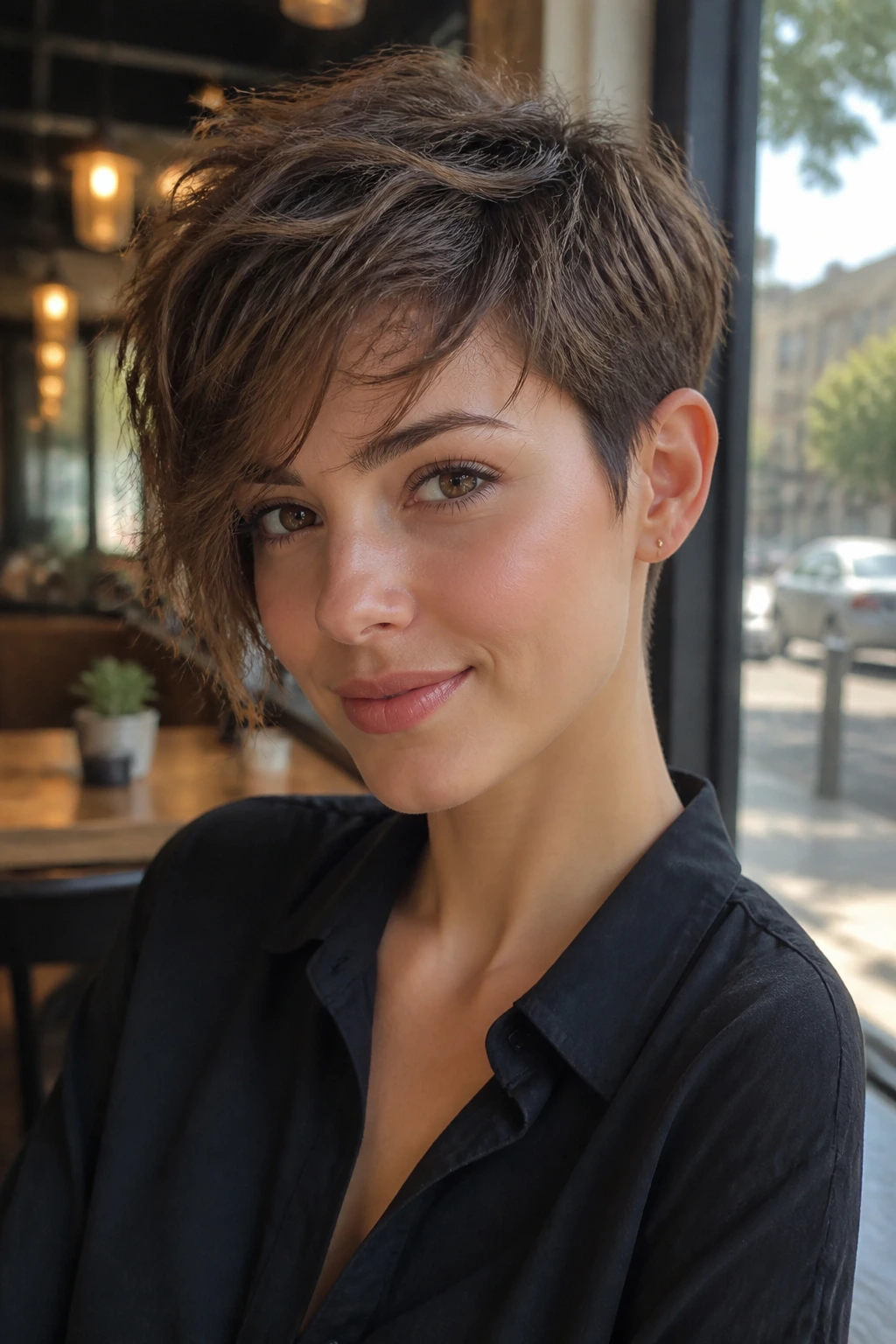 Portrait of a real person with ear-tucked textured crop