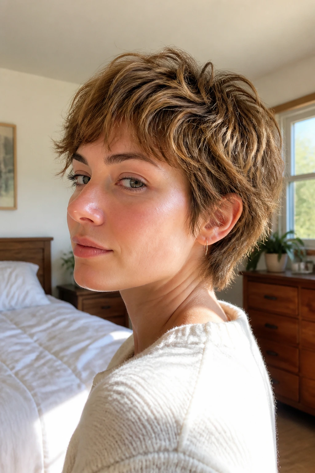 Close-up portrait of a real woman with an ear-grazing feathered crop around the ears