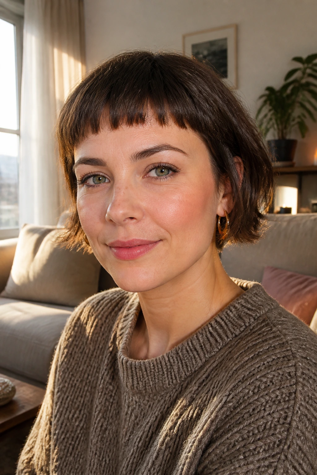 Real person with easy-to-manage short bangs in a cozy morning setting