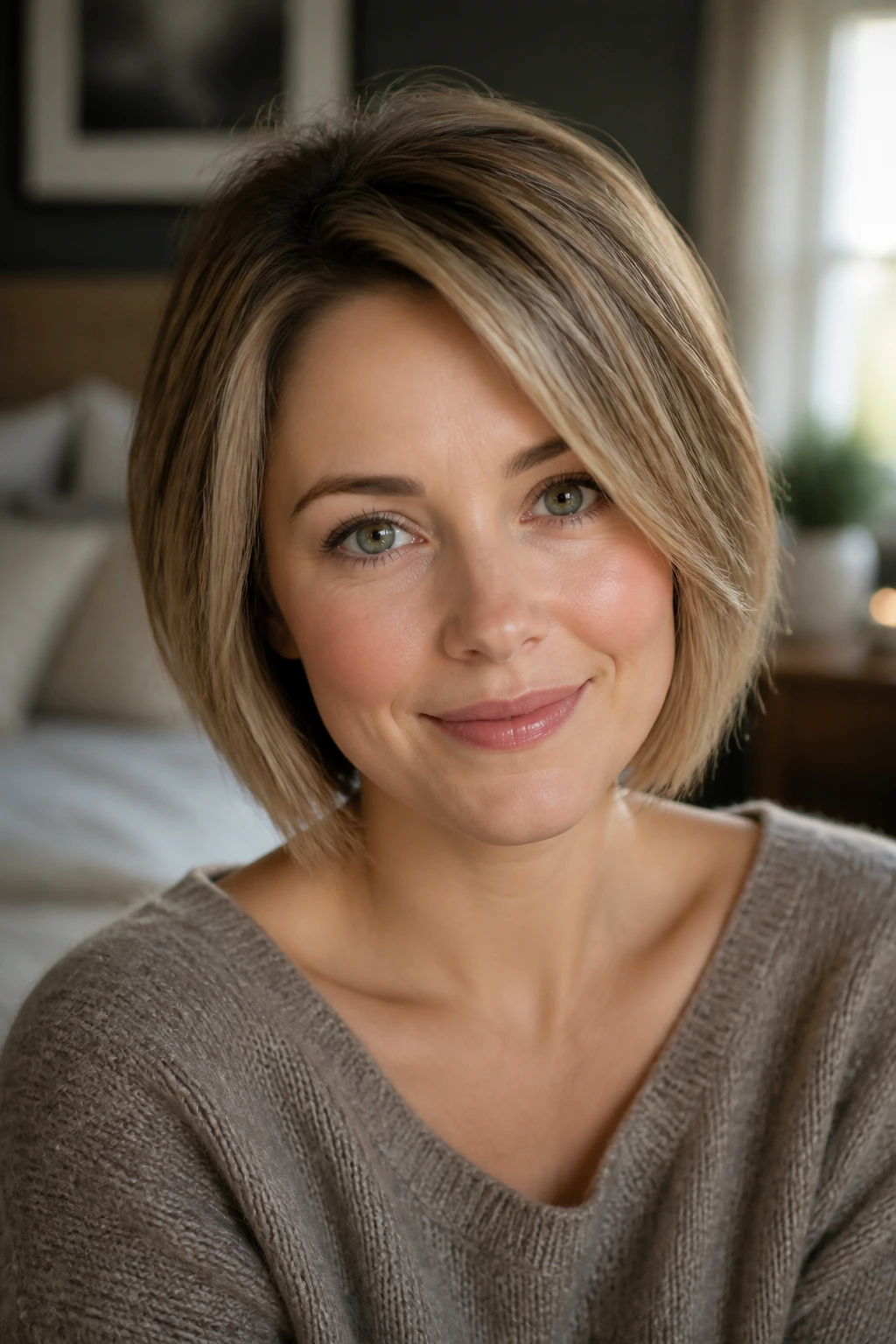 Close-up portrait showing crown lift and diagonal side part on a real woman