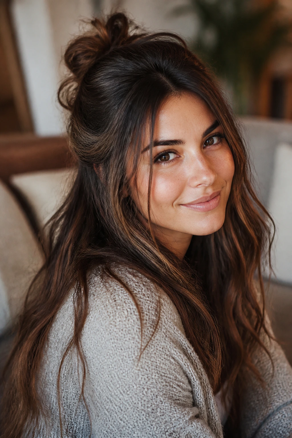 Close-up of a real woman with a relaxed half-up hairstyle