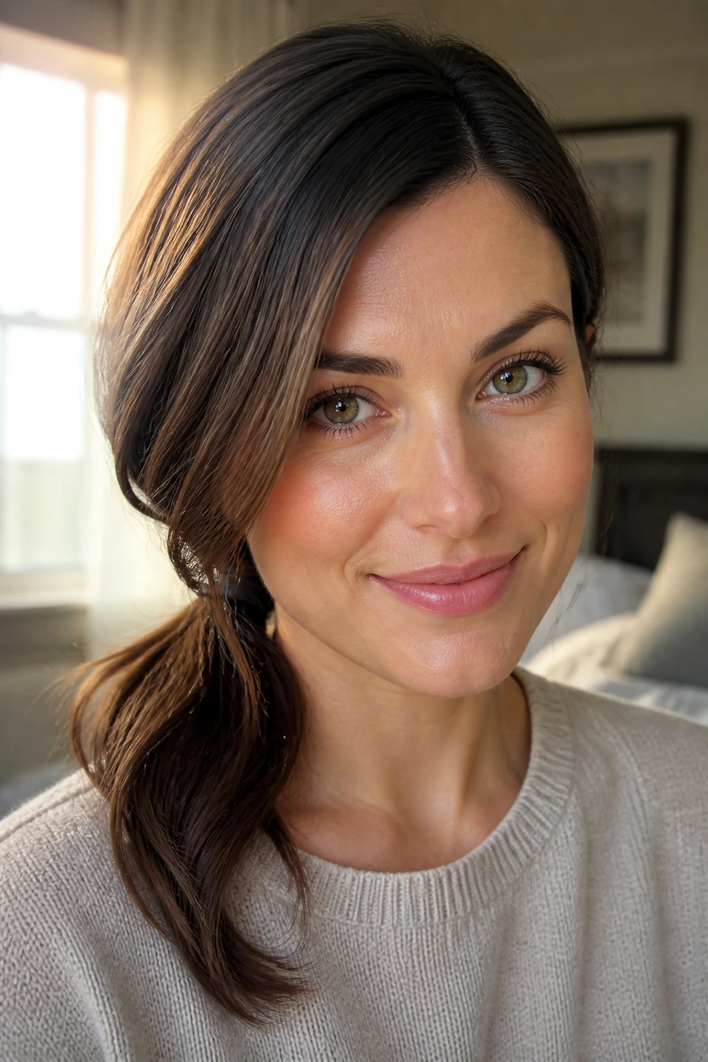 Close-up of a real woman with a deep side part and low side ponytail