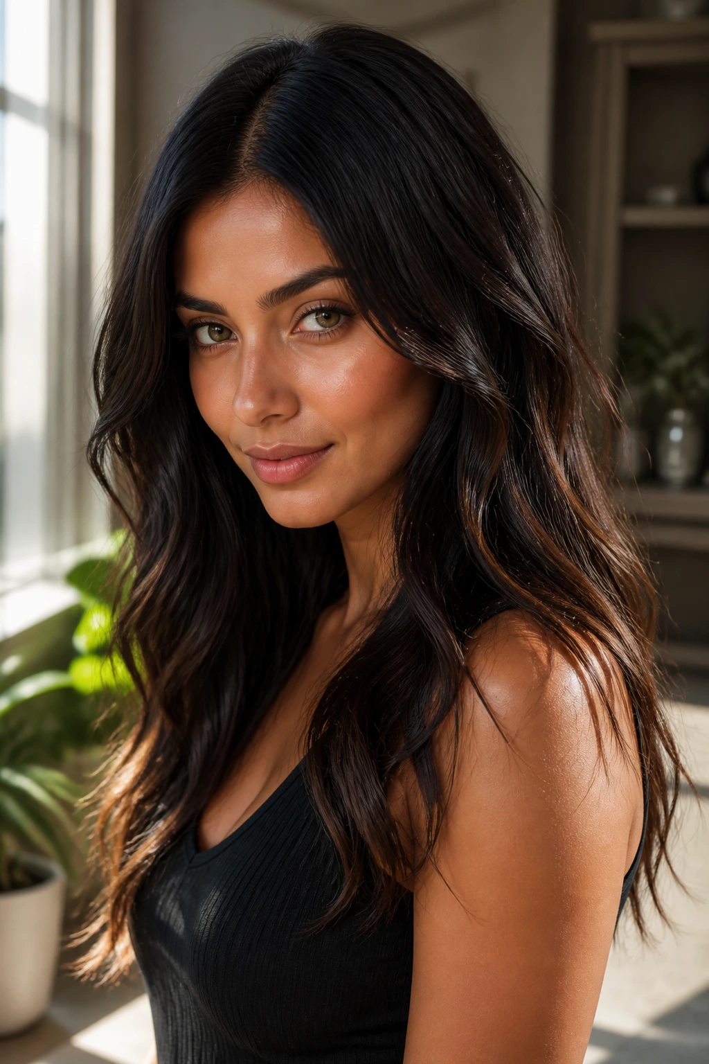 Close-up of a real woman with ebony hair and cocoa lowlights on olive skin in natural window light