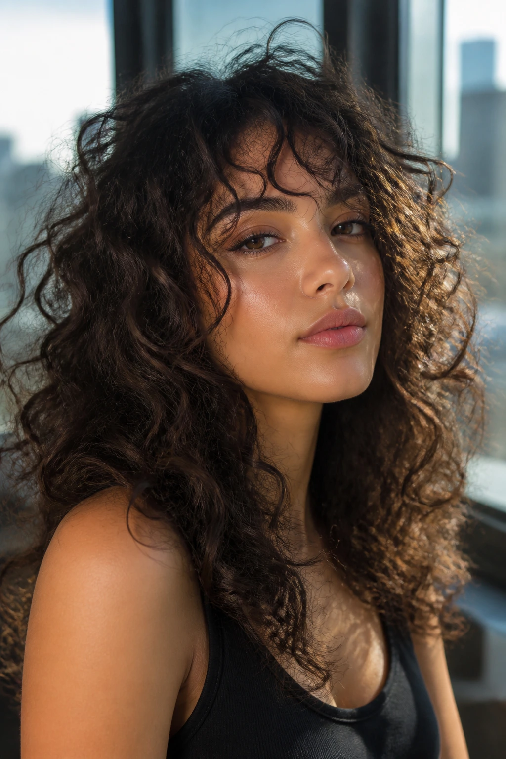 Portrait of a real person showing edge fringe variation and long layers
