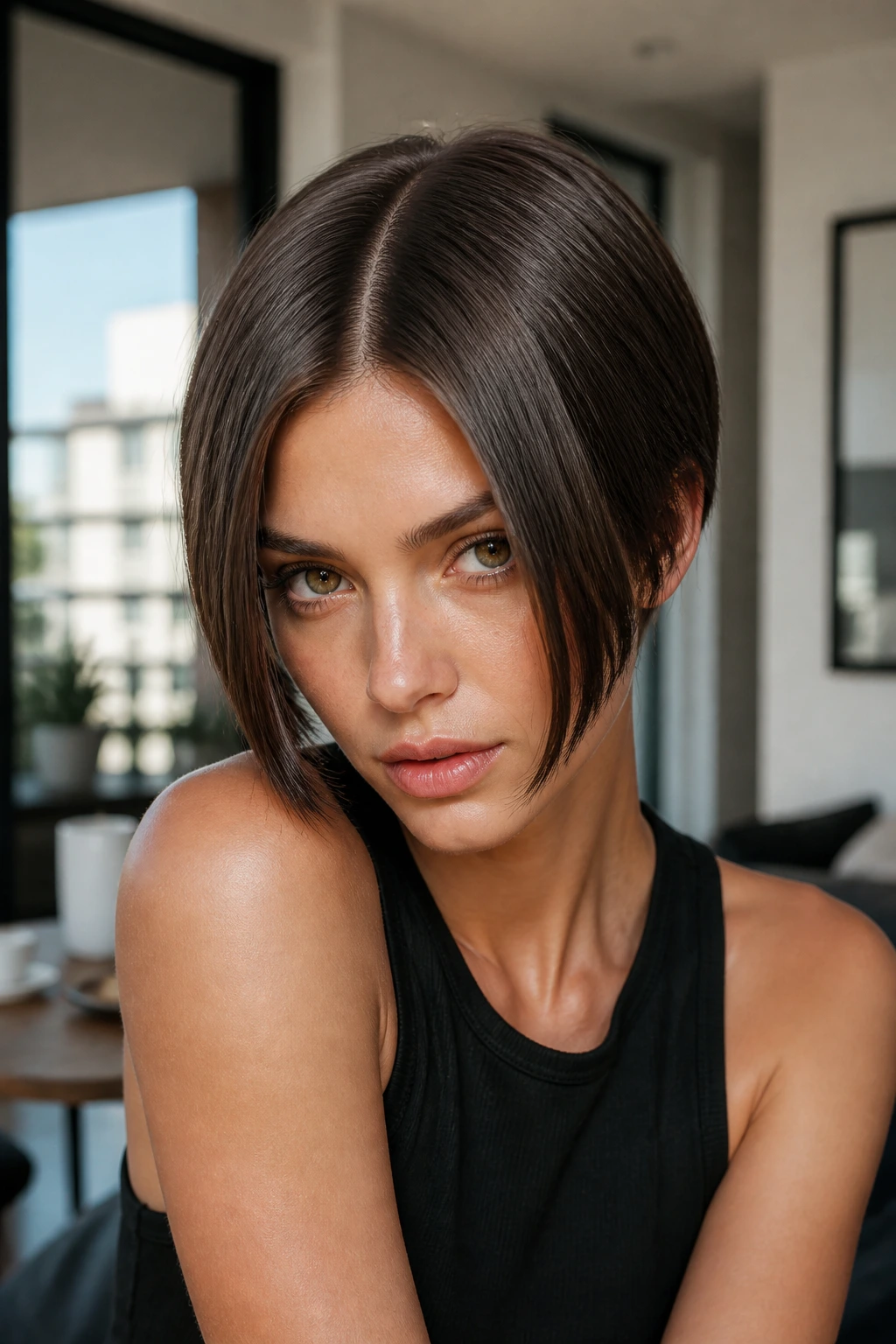 Portrait of a real person with a sharp, edge-forward short haircut and strong middle part.