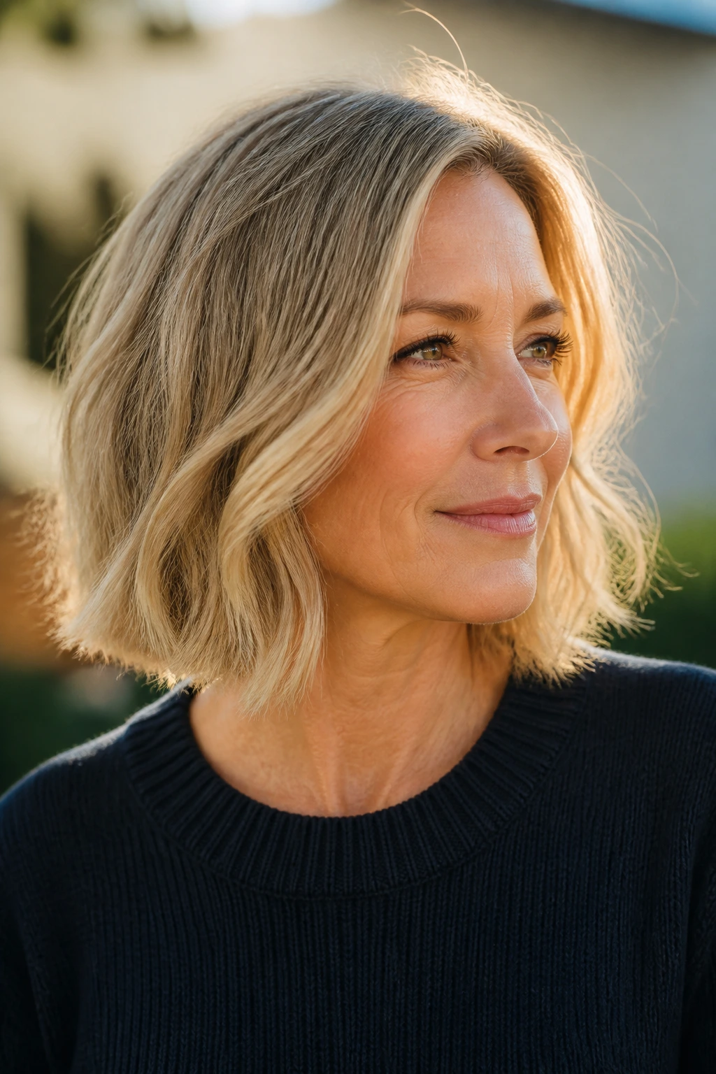 Real woman with a defined edge lob and subtle waves outdoors.
