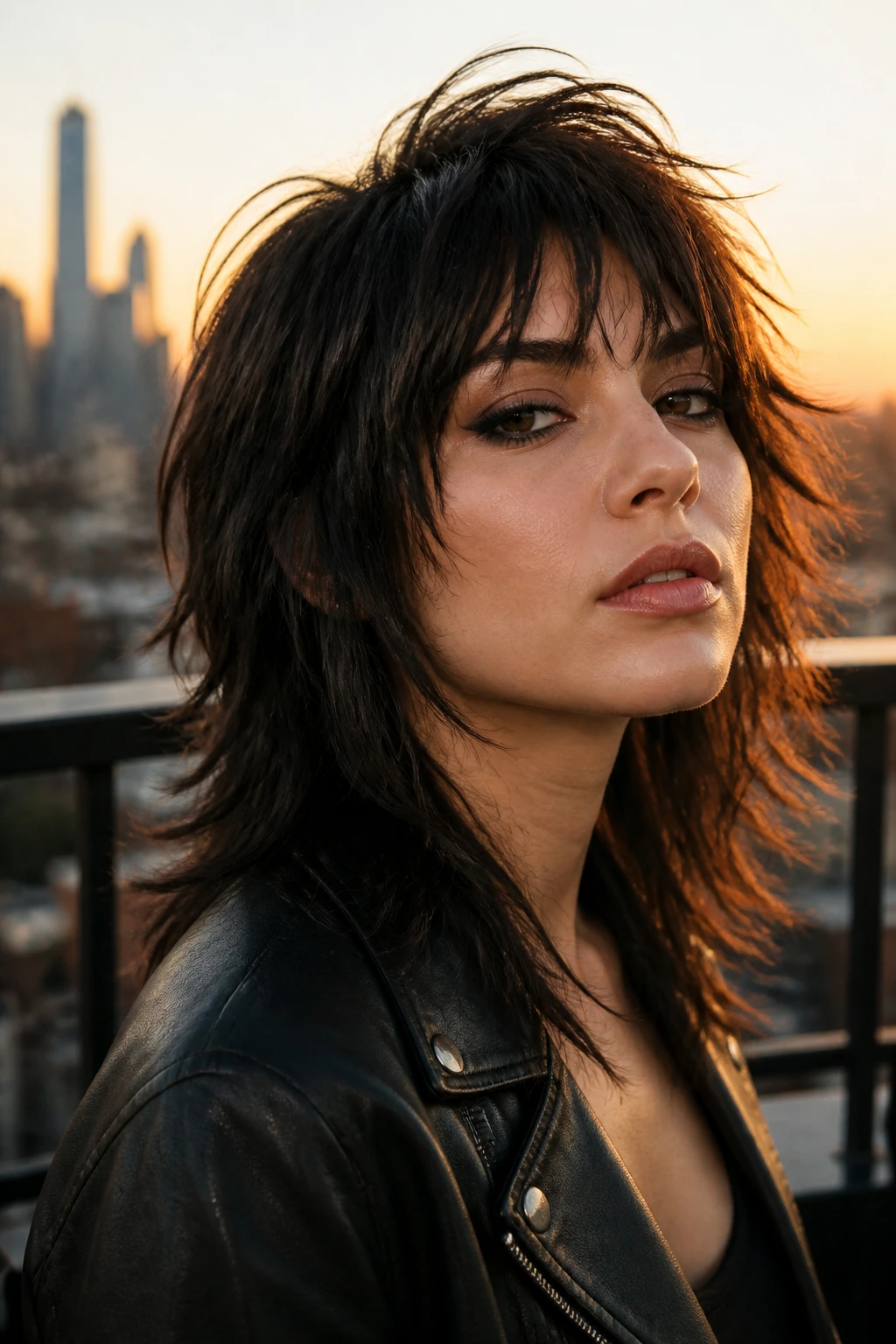 Portrait of a person with an edgy lifted crown shag haircut in an urban outdoor setting.