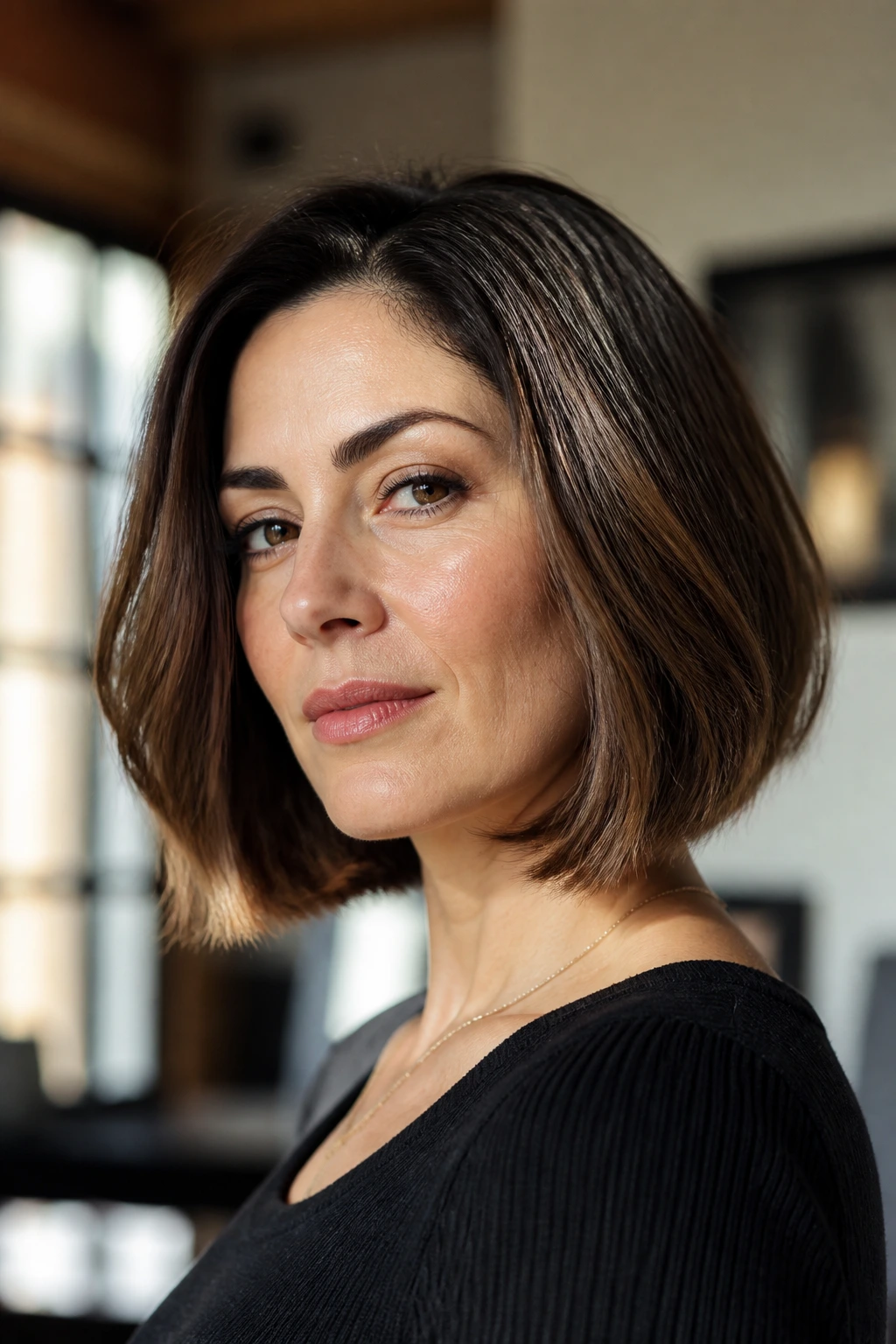 Close-up of a real woman with a refined mid-length bob and soft edge in a modern interior