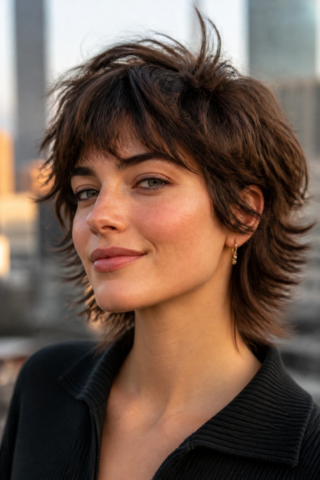 Close-up of a real person with a defined messy short shag in an outdoor urban setting