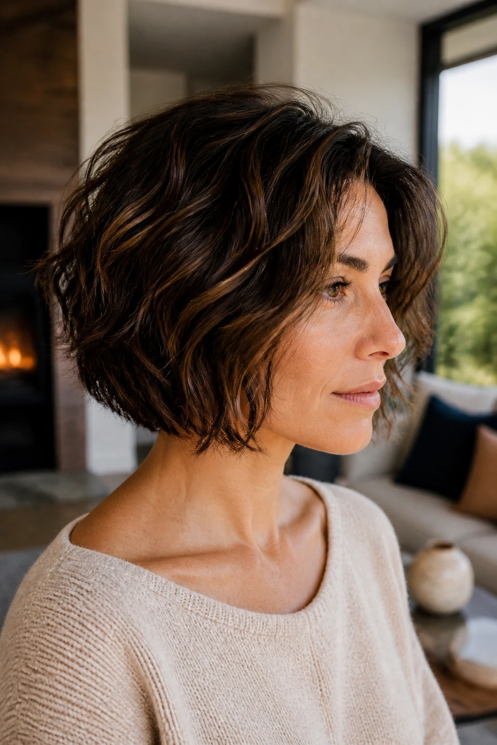 Portrait of a person with a crisp edge stacked bob