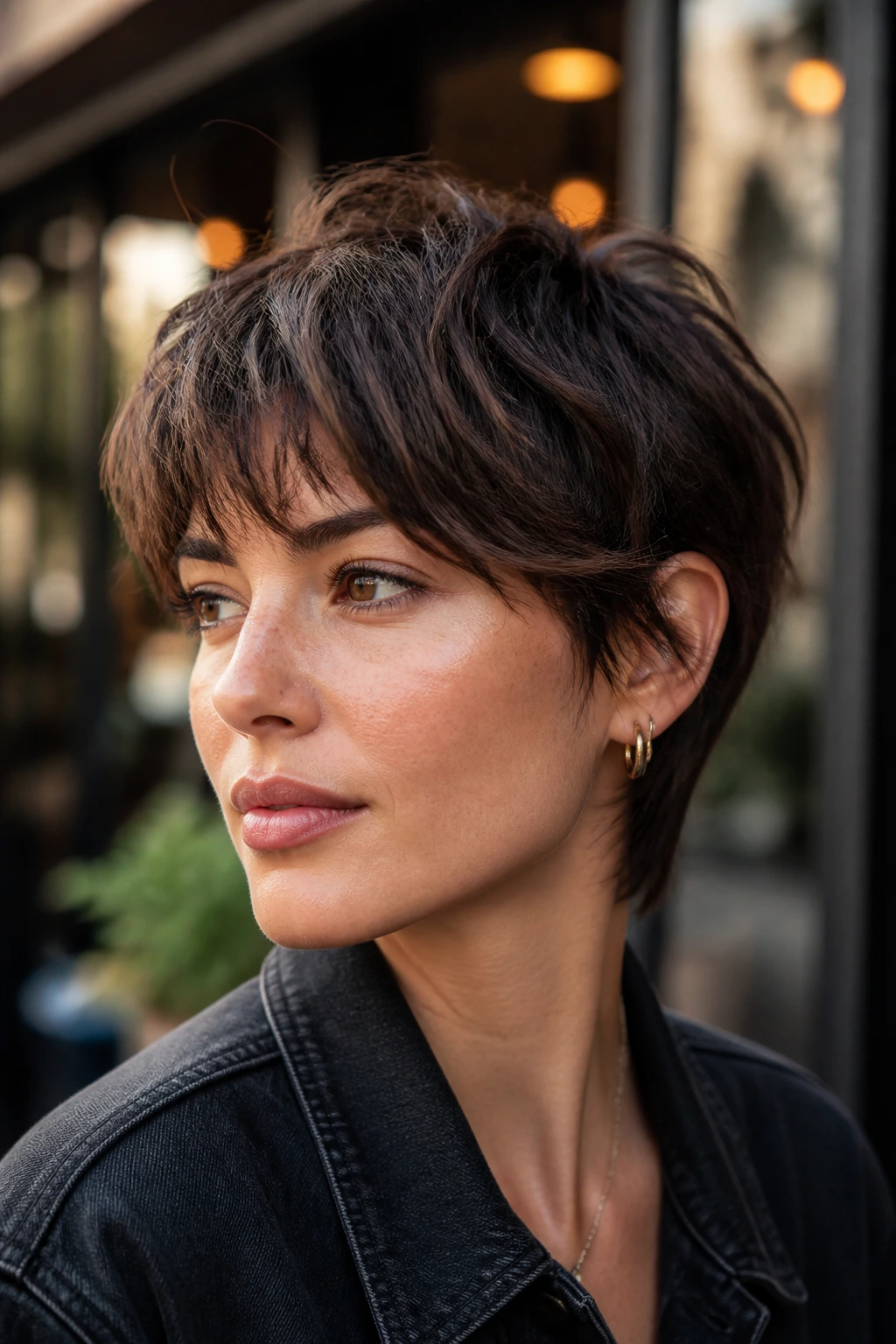 Portrait of a woman with an edgy bixie short haircut outdoors