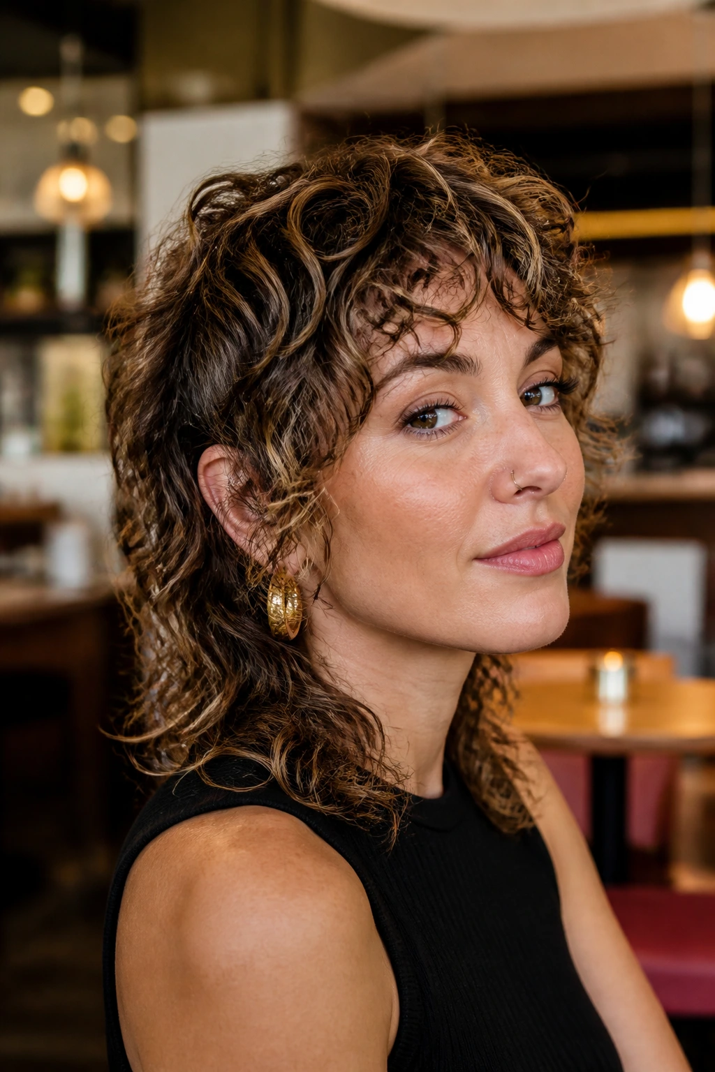 Close-up of a real woman with edgy curly mullet and micro-babylights in warm cafe lighting