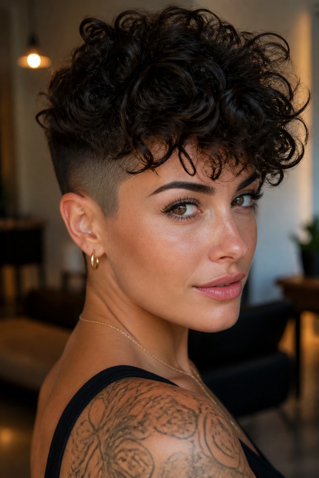 Close-up of a real woman with an edgy curly undercut pixie showing variation options.