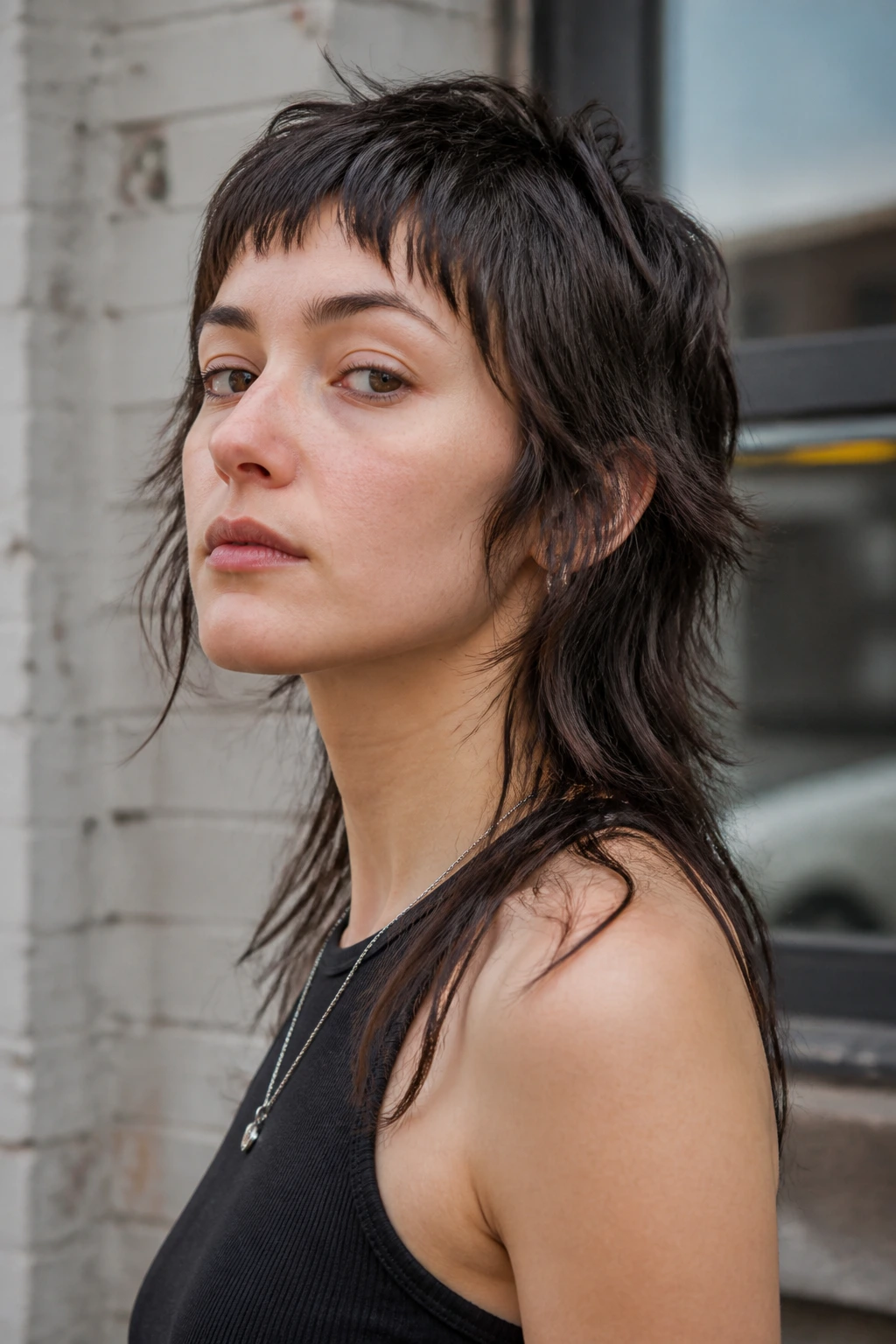Portrait of a woman with edgy shag hairstyle featuring micro fringe and mullet back