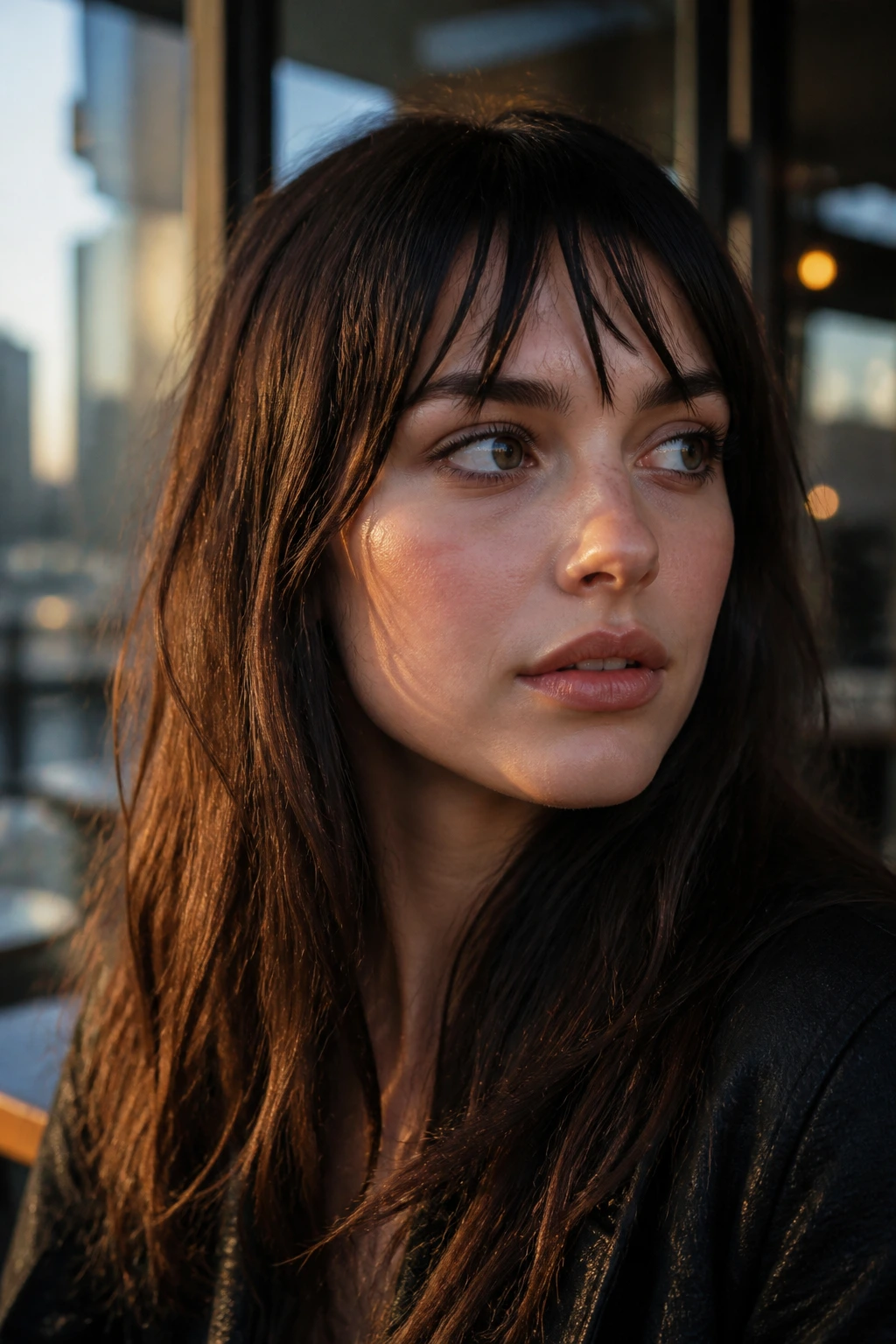 Close-up portrait of a real person with edgy shard fringe in an urban setting