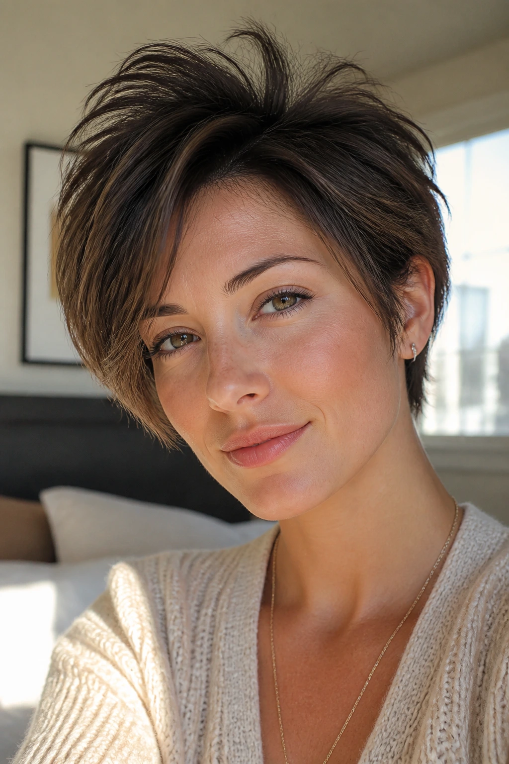 Close-up portrait of a real woman with an edgy short haircut in morning light