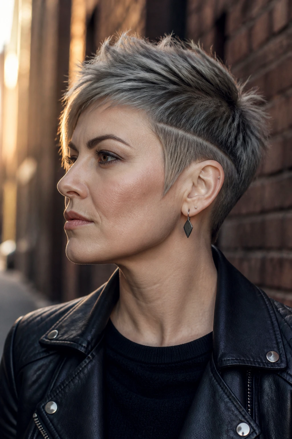 Close-up profile of a real woman with an edgy splice pixie showing temple detail.
