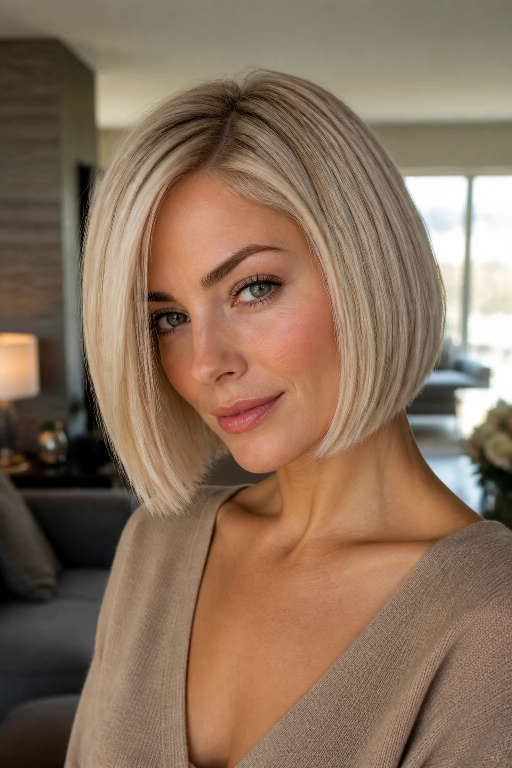 Close-up portrait of a real woman with a blunt edge hairstyle in a warm living room setting