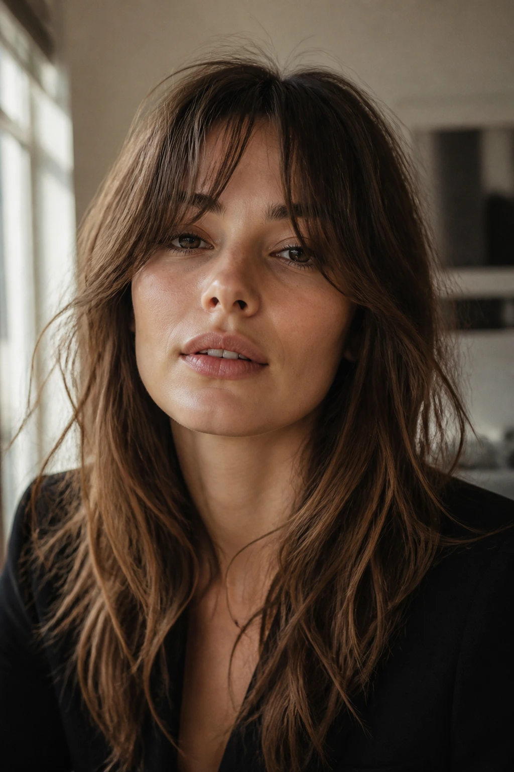 Close-up portrait of a real person with a messy but controlled curtain fringe
