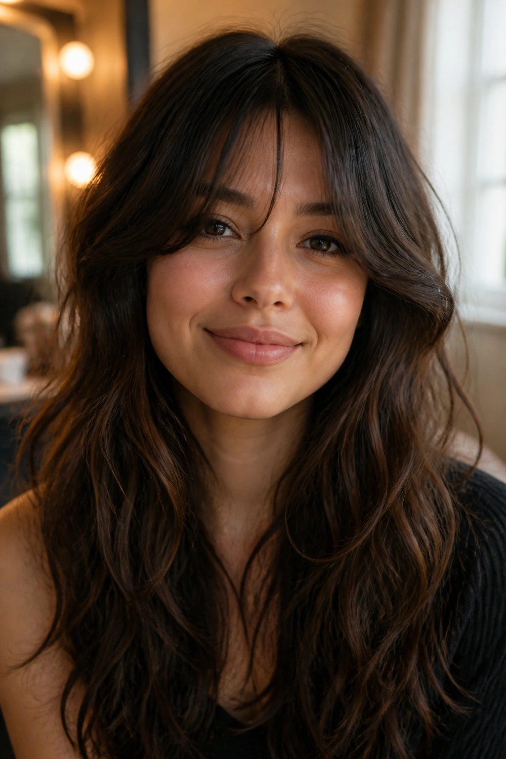 Close-up portrait of a real woman with draped bangs, symbolizing a curated collection