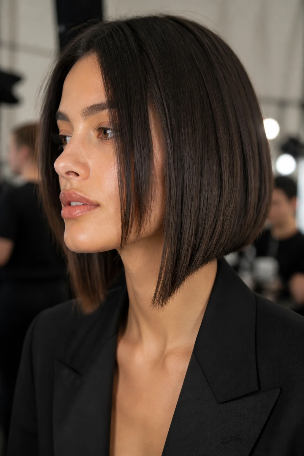 Portrait of a real woman with an editorial lob featuring disconnected front panels and sharp lines