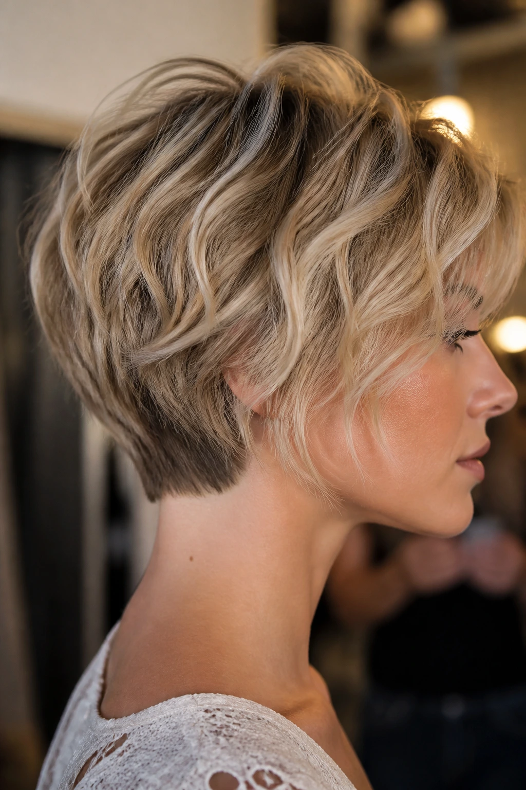 Close-up of a real person with an editorial micro stack haircut.