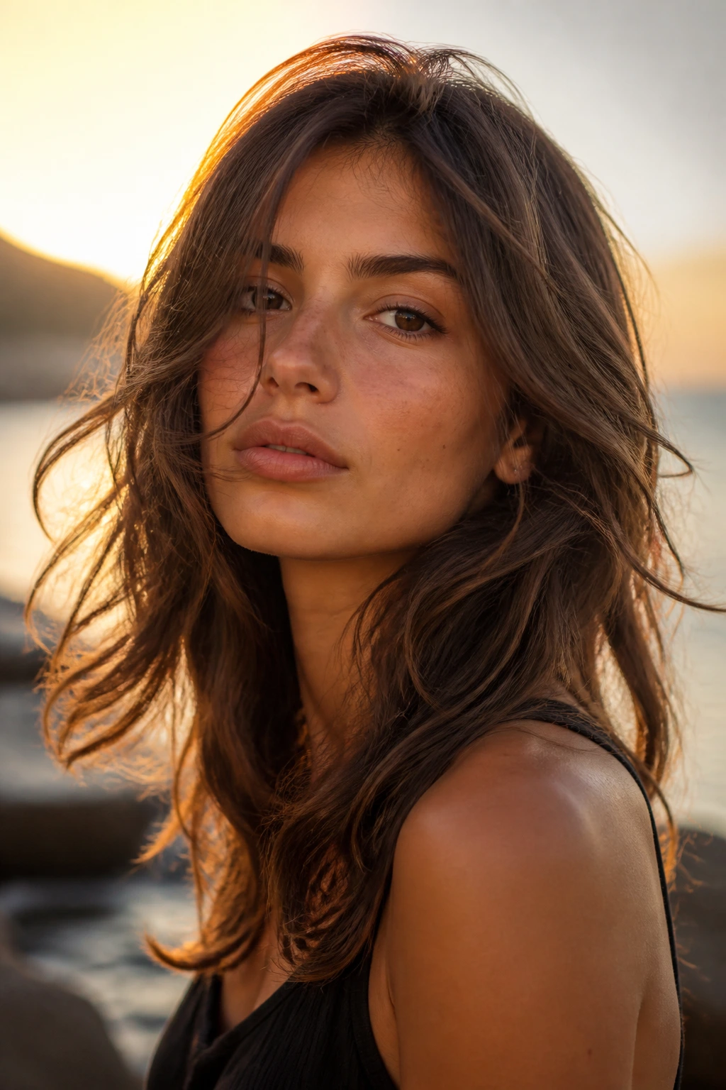 Portrait of a woman with natural wavy layers outdoors in golden hour