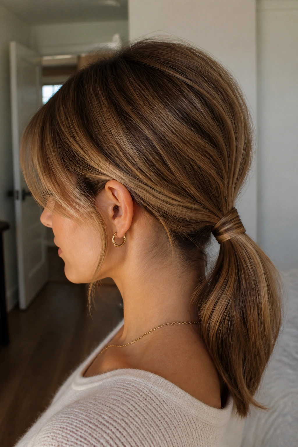 Portrait of a woman with an elastic-wrapped low pony at the nape