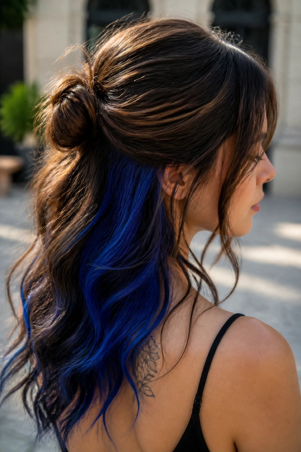 Close-up of a real woman showing an electric blue back panel in wavy hair