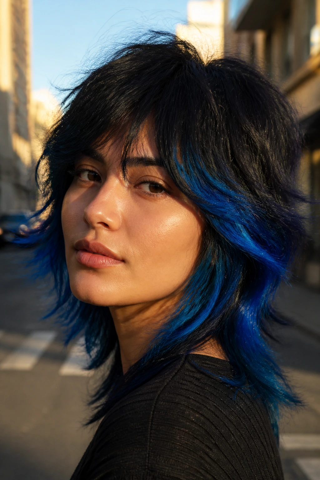 Close-up of a real woman with electric-blue shag layers and black roots