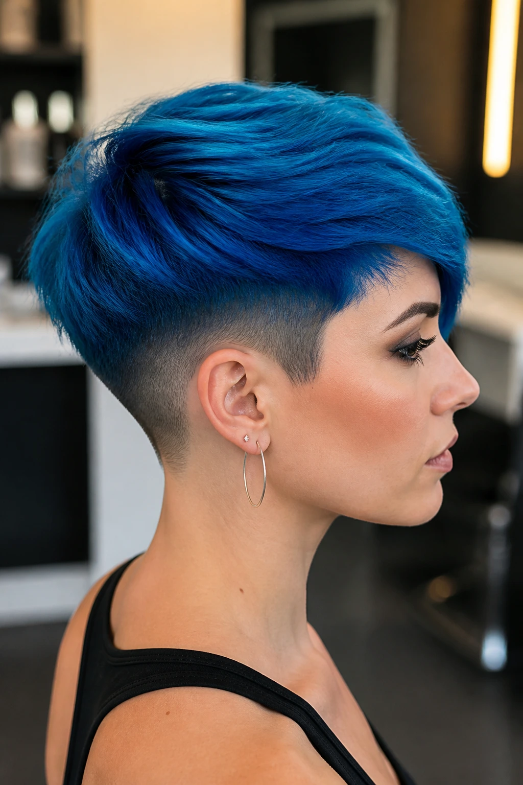 Close-up of a real person with electric blue undercut pixie and blue top