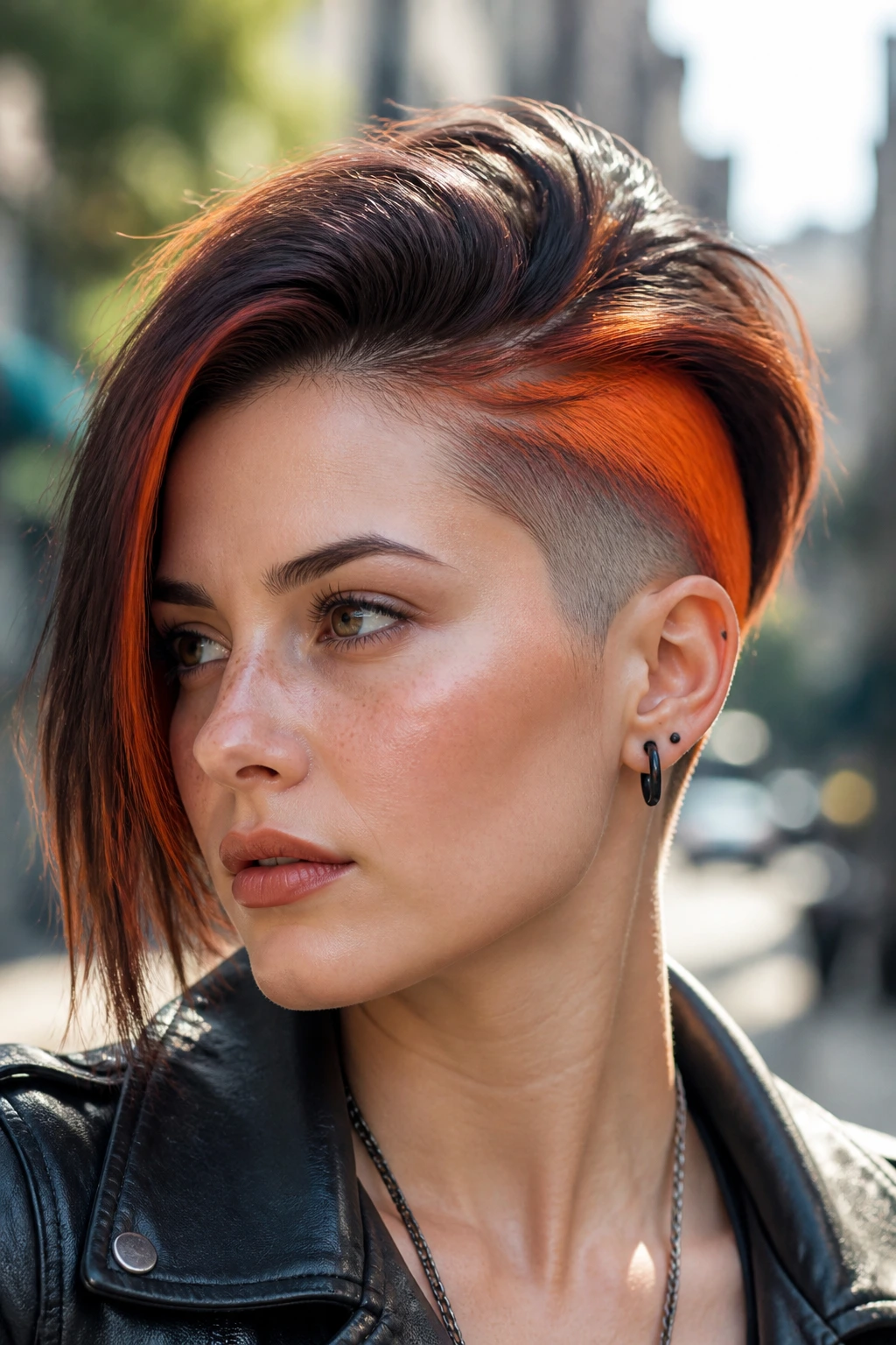 Close-up of a real person with electric papaya undercut