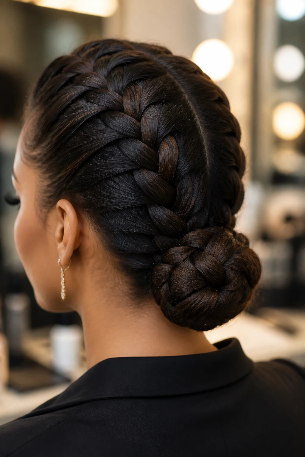 Close-up of a person with a low ballet bun formed from a French braid