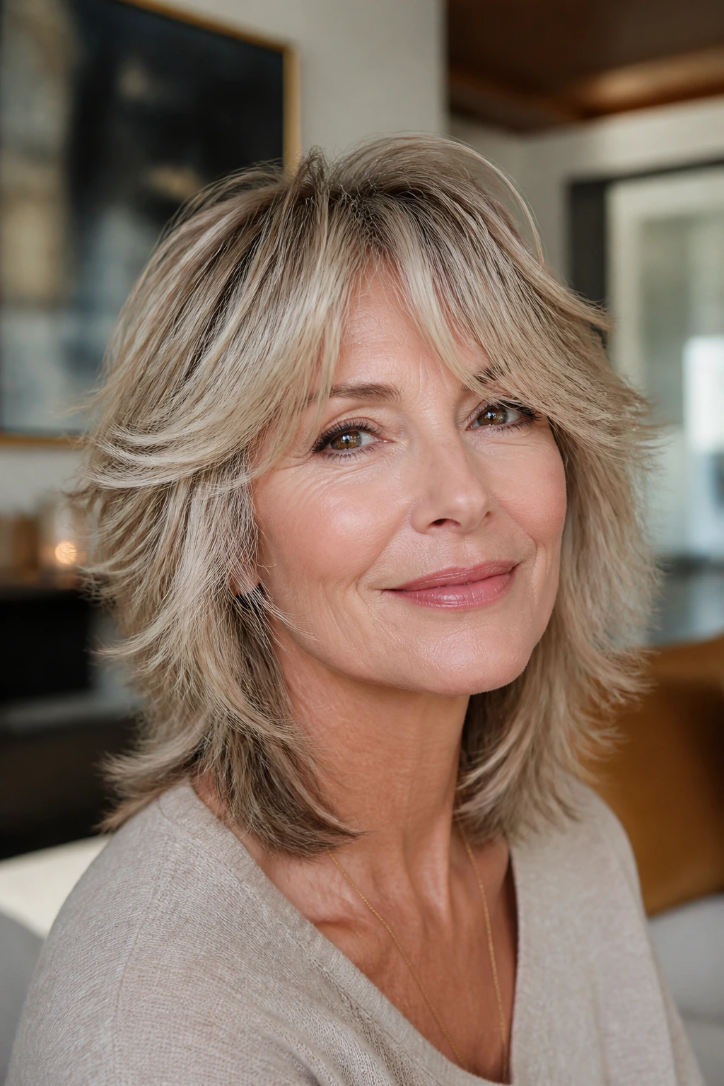 Close-up of a real mature woman with elegant shag and soft movement