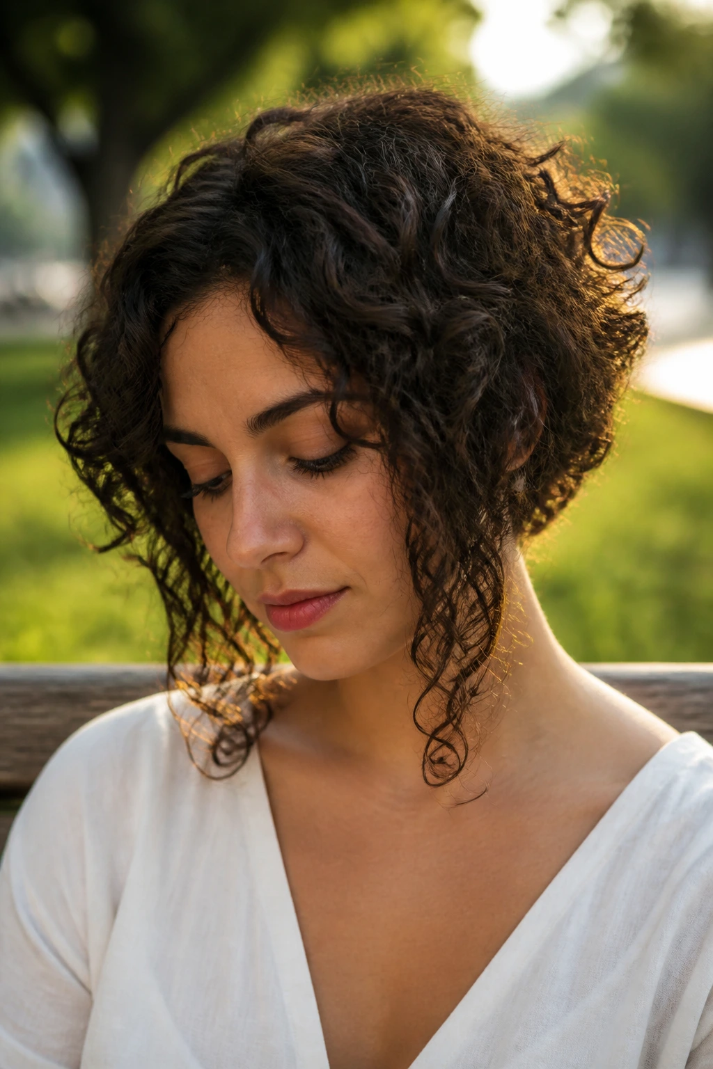 Portrait of a person with elongated front curly cut, front curls extending past the cheeks