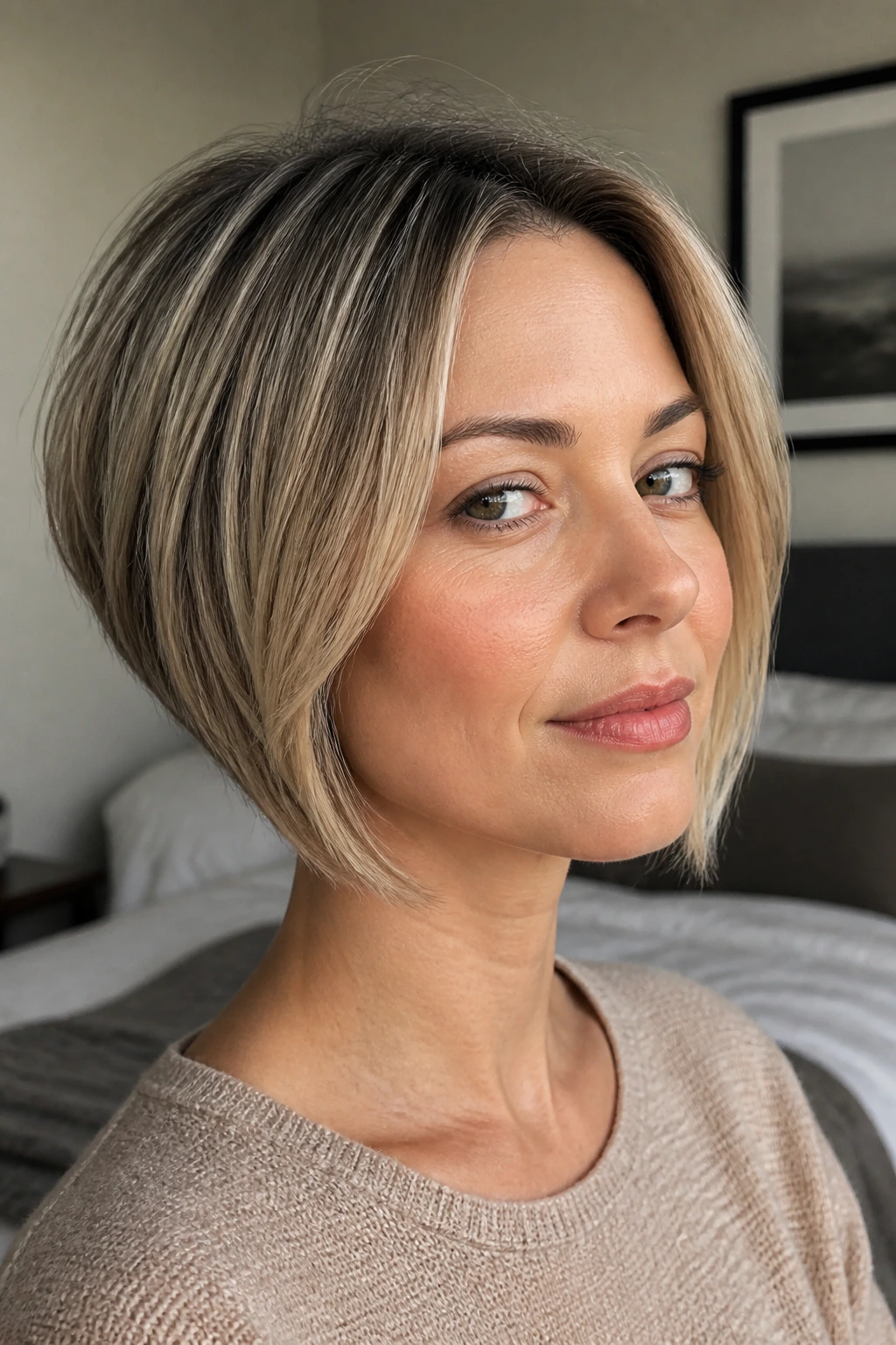 Close-up of a real woman wearing an elongated pixie bob with jaw-length front and short back