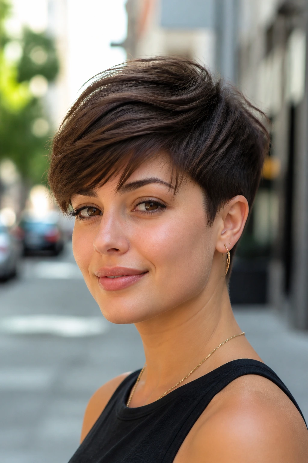 Portrait of a real person with elongated pixie haircut and swept fringe.