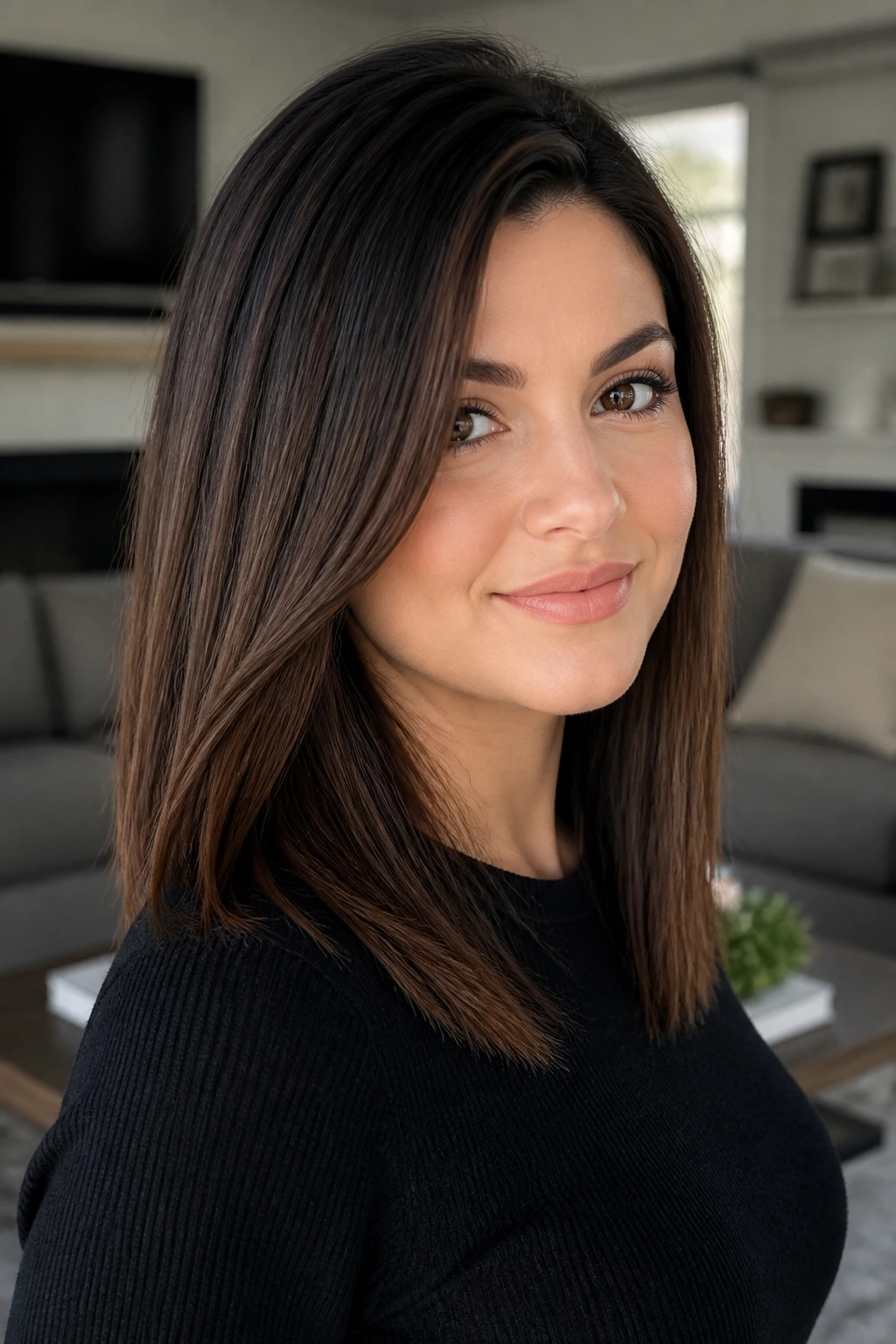 Portrait of a person with elongated medium straight hair shaping the face
