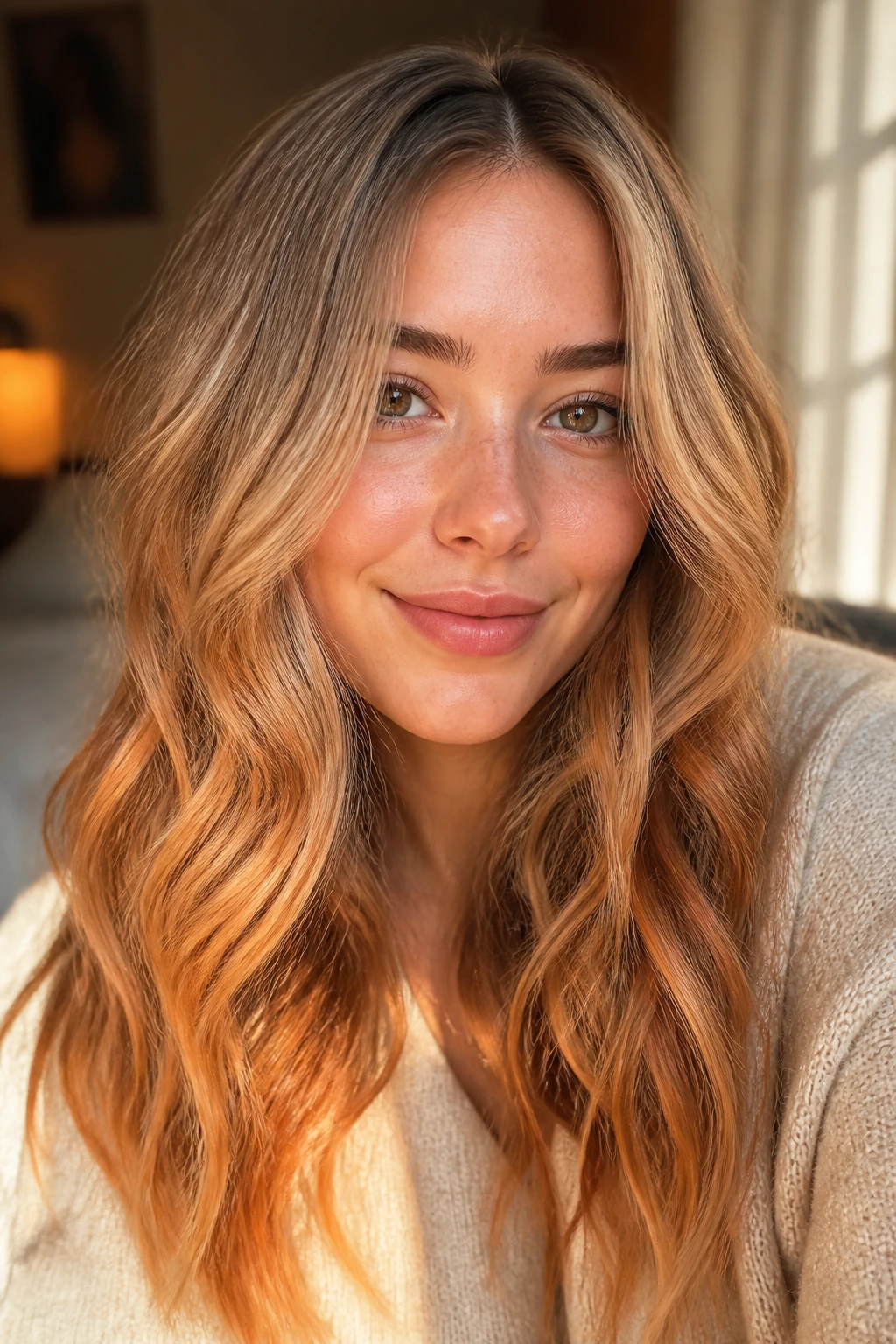 Close up of a person with soft ember blonde hair showing warm ends and golden roots