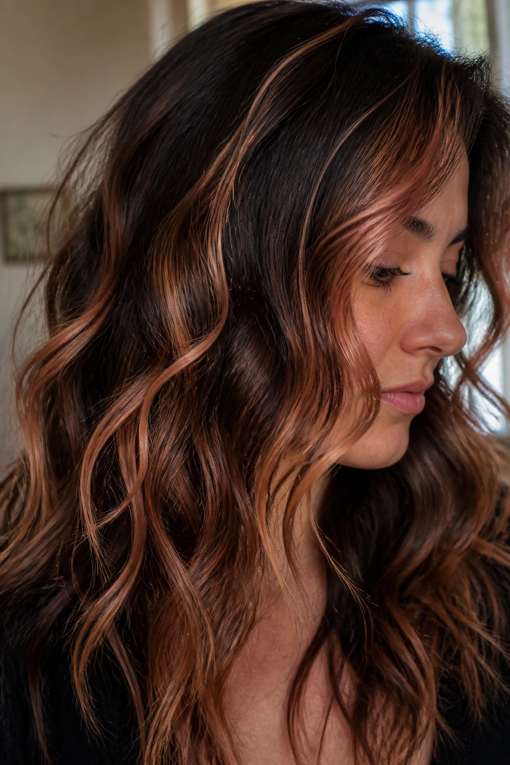 Close-up of a real woman with brunette hair showing ember peach highlights