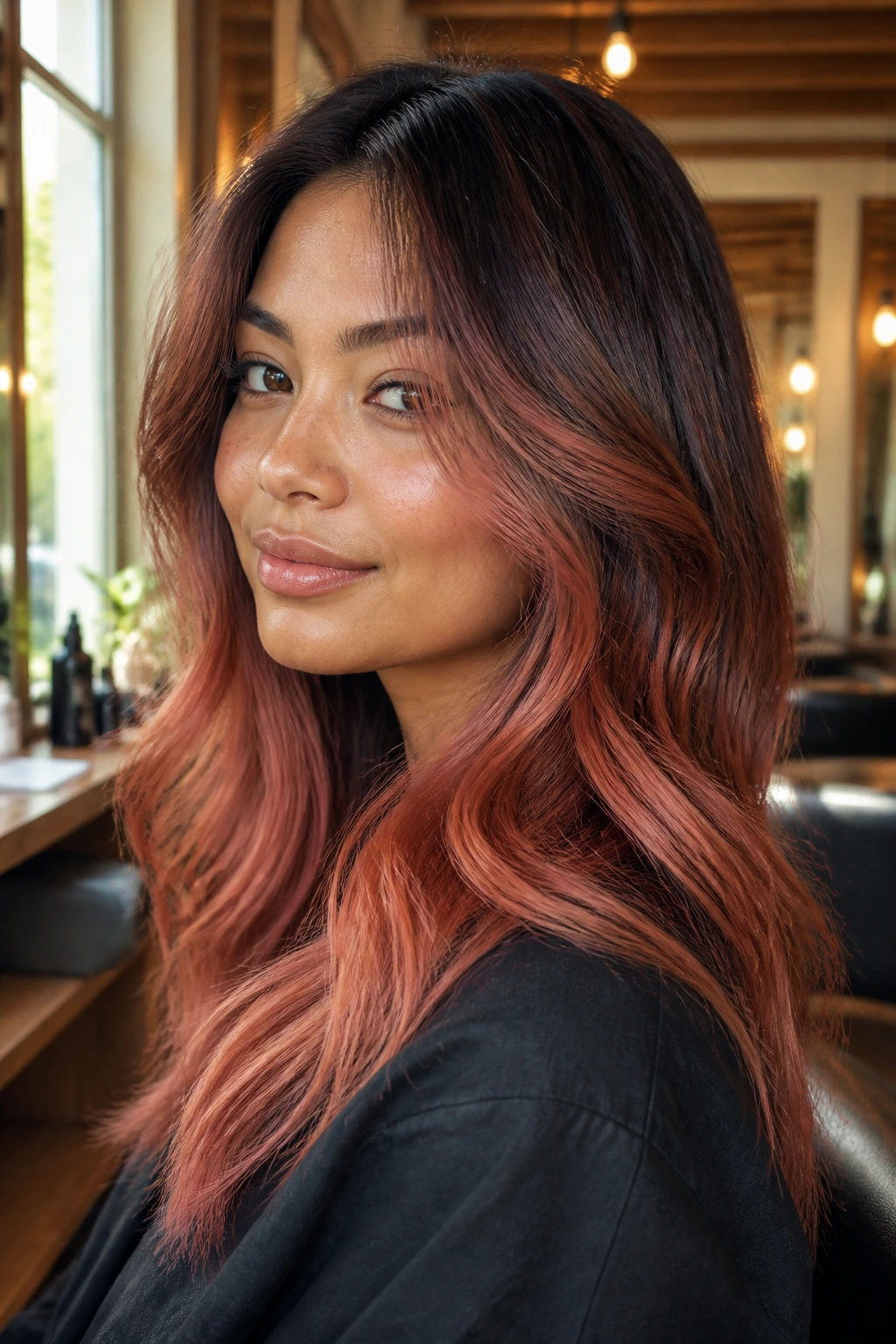Close-up portrait of Ember Strawberry Ombré hair on a real person with dark roots fading to ember strawberry ends.