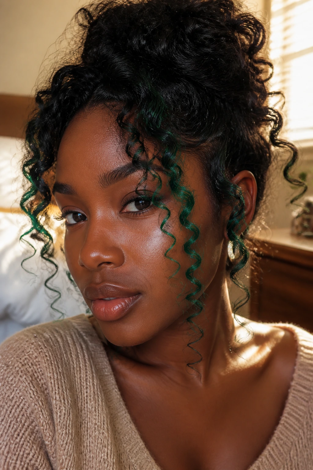 Emerald green accents on face-framing curls catching light.